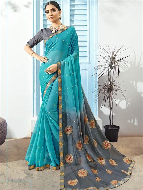 siya fashion party wear aqua blue chiffon fancy printed saree fancy sarees party wear casual
