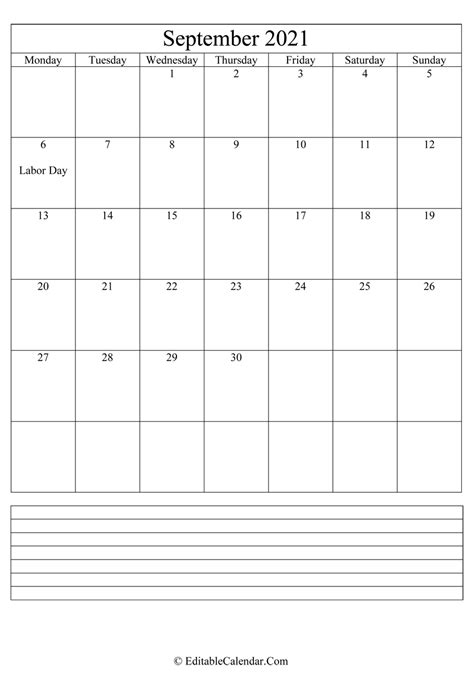 September 2021 Calendar Templates