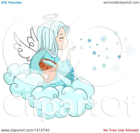 Clipart Of A Winter Angel Girl Blowing Snowflakes From A Cloud