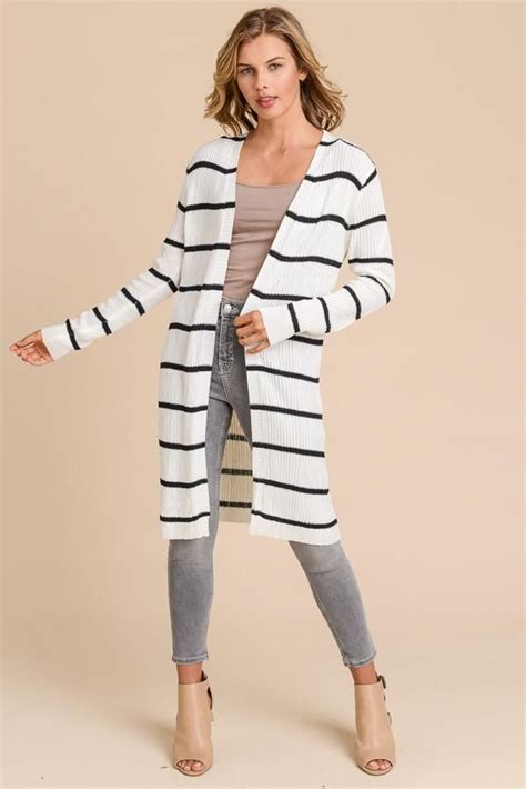 White With Black Stripe Long Cardigan Sweater Long Sweaters Cardigan