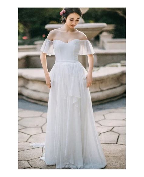 Simple Flowy Chiffon Off Shoulder Sleeve Summer Wedding Dress Long