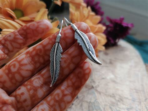 Boho Feather Earrings Silver Plated Feather Navajo Feathers Unisex Earrings Native