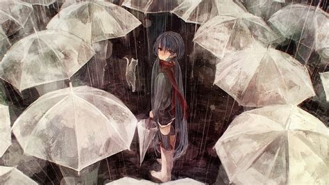 Looking At Viewer Anime Girls Umbrella Rain Scarf Vocaloid