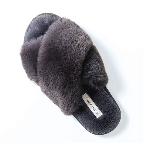 Cozy Bliss Womens Faux Fur Slippers Cross Band Open Toe Breathable