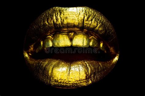 Open Mouth Close Up Sensual Woman Golden Lips Womans Natural Gold Lip Girl Mouth Close Up