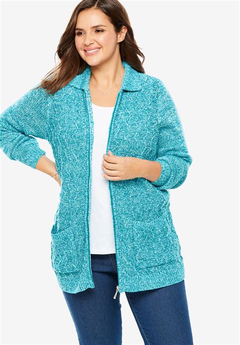 Marled Zip Front Cable Knit Cardigan Deep Turquoise White Cable Knit