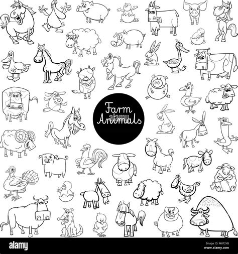 Black And White Cartoon Illustration Of Funny Farm Animal Characters