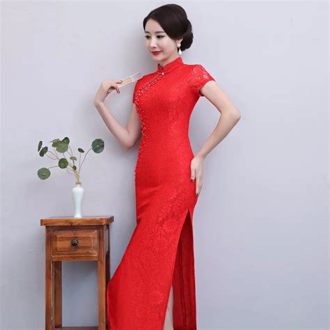 sexy oriental traditional chinese style summer lace beading cheongsam dresses women mandarin