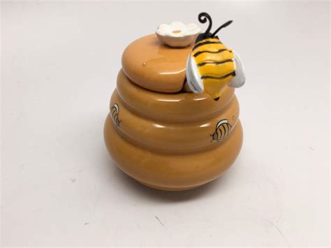 Honey Miel Ceramic Bee Hive Honey Pot W Wooden Bumble Bee Dipper Mint 1870665709