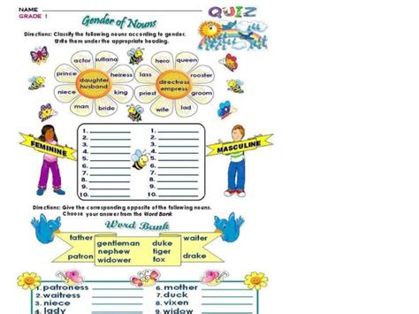 Gender Of Nouns Grade 1 Worksheet For 1st 2nd Grade Lesson Planet