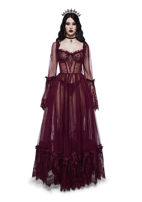Widow Gothic Lace Bustier Long Sleeve Maxi Gown Dark Red Dolls Kill