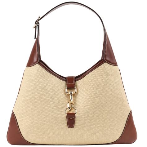 Gucci Jackie O Bouvier Cream Canvas And Brown Leather Hobo Handbag At