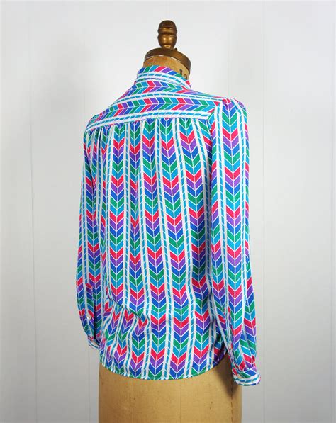 vintage 1970 s rainbow chevron secretary bow blouse size m hoof and antler