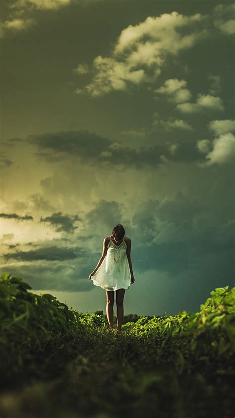 Lonely Girl Clouds Female Field Girl Nature Hd Phone Wallpaper