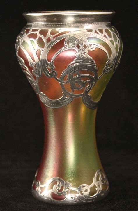 Art Nouveau Iridescent Art Glass Vase By Loetz With Sterling Silver Overlays By La Pierre The