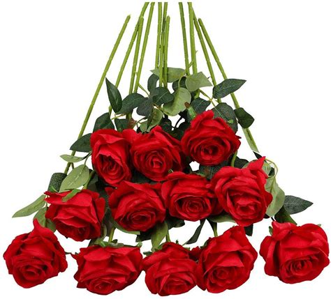 tifuly 12pcs red rose artificial flower realistic single stem fake silk rose bouquet for