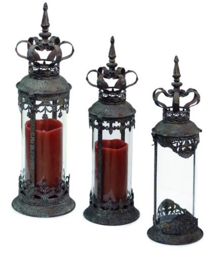 Set Of 3 Renaissance Style Distressed Crown Top Cylinder Pillar Candle