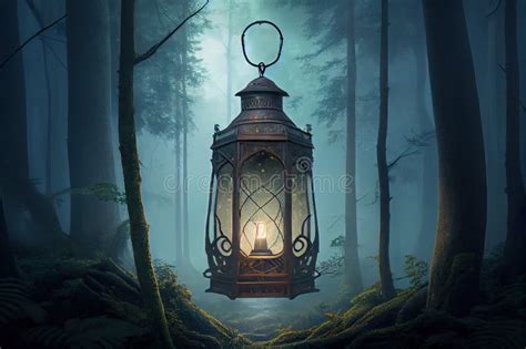 A Lantern Surrounded By Towering Trees In A Misty Forest Stock