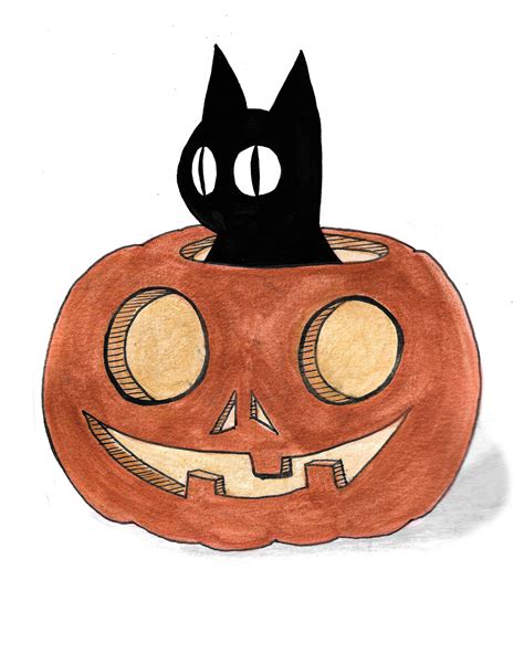 A Drawing Of A Pumpkin With A Black Cat On Its Head And Eyes