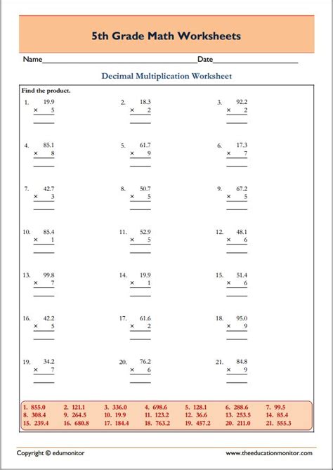 Decimal multiplication worksheet type and range: Decimal Multiplication Worksheets Grade 5 - EduMonitor
