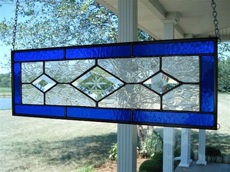 Stained Glass Window Panel Deep Blue Transom Beveled Etsy
