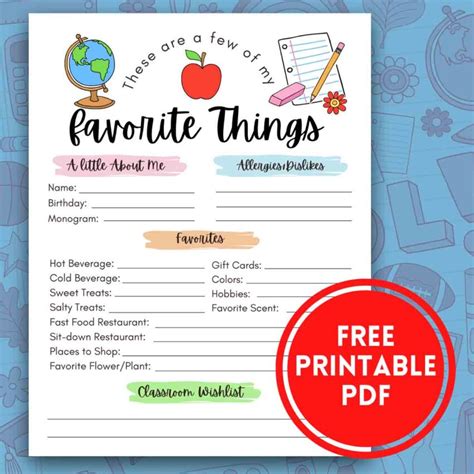 Free Printable Teacher Favorite Things Mindymakes