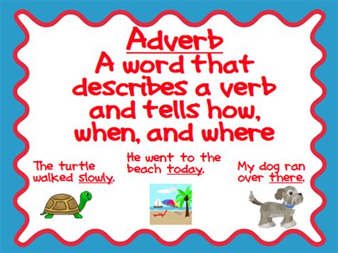 An adverb is a word used to tell more about a verb, and it almost always answers the questions how?, when?, where?, how often?, and in what way?. Adverbs : The 5 basic types of adverb… | My Primary Classroom
