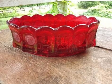 Vintage Fostoria Ruby Red Coin Glass Compote Liberty Bell And Eagle Stamps 9 L 12 00 Picclick
