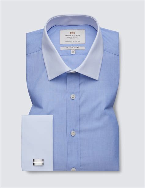 Easy Iron End On End Mens Slim Fit Shirt With White Collar And Double Cuff In Blue Hawes