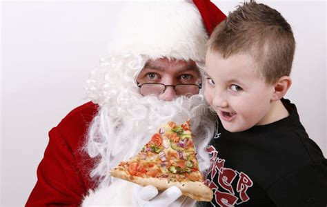 Santa Claus Smiling And Eating Pizza Stock Photo Image Of Food