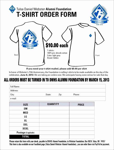 Printable Order Forms For T Shirts