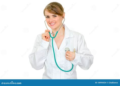 Doctor Woman Listening To Heart With Stethoscope Stock Photo Image Of