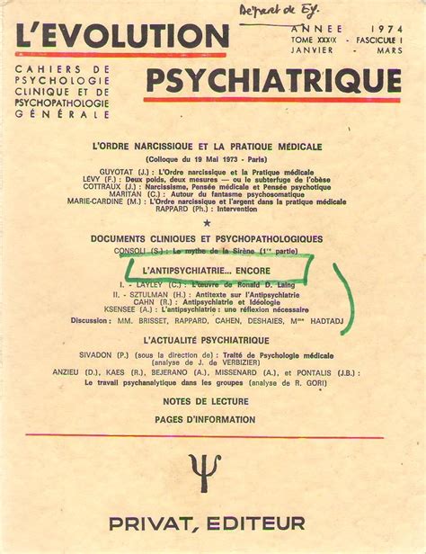 L Evolution Psychiatrique tome XXXIX 39 fascicule I année 1974 by