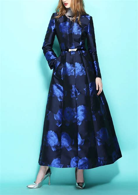 s 3xl 2019 autumn winter women lady blue rose flower jacquard trench coat elegant long overcoat