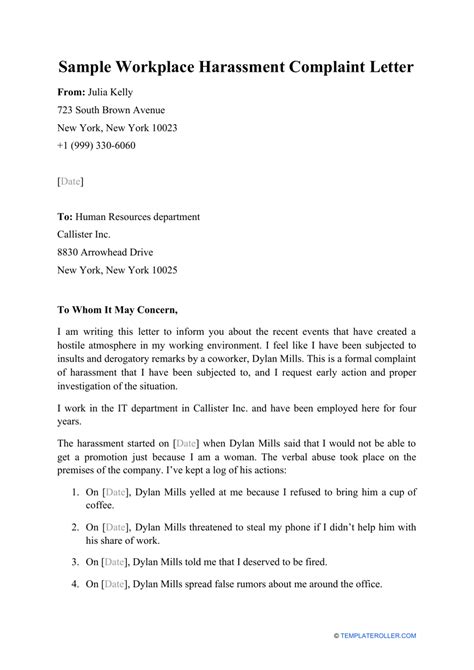 Sample Workplace Harassment Complaint Letter Download Printable Pdf