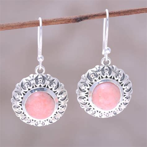 Handcrafted Sterling Silver Pink Opal Round Dangle Earrings Pink