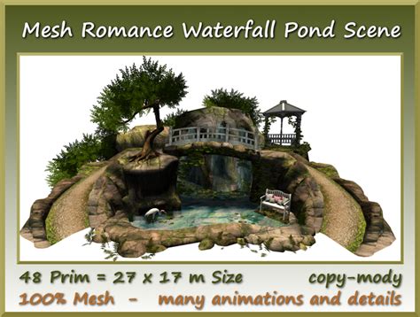 Second Life Marketplace Mesh Romance Waterfall Pond Scene 48 Prim