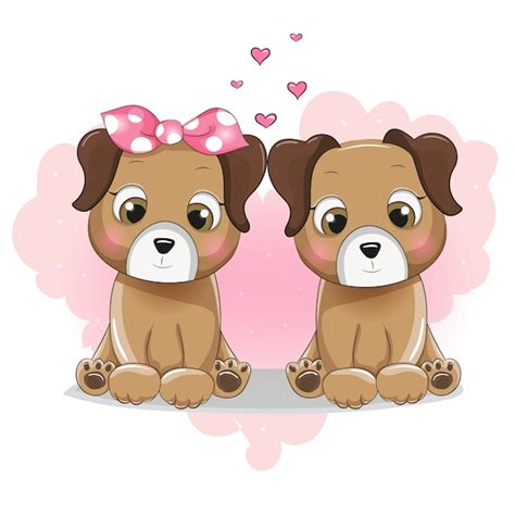 Dois Desenhos Animados De Cachorro Fofo No Coração De Fundo Vetor Premium