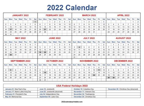 Printable List Of 2022 U S Federal Holidays Workest Pelajaran
