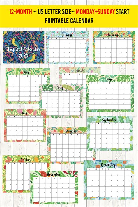 Printable Calendar 2021 Letter Size 85x11 Tropical 12 Month Calendar