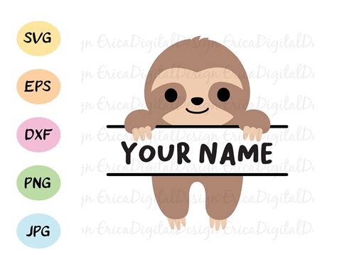 Sloth Svg Cut File Split Sloth Name Label Frame Monogram Etsy