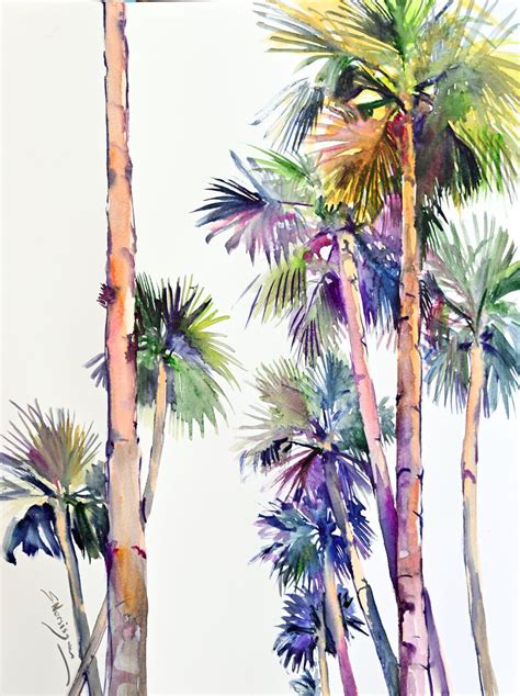 Californian Palm Trees On The Road Large Watercolor Painting 2020