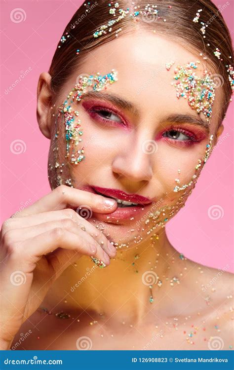Beautiful Girl With Candies On Pink Backgroound Stock Image Image Of