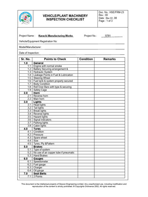 Hse Frm 23 Vehicle Plant Machinery Inspection Checklist Pdf