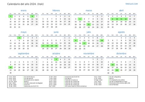 Calendario 2024 Con Días Festivos En Iraq Imprimir Y Descargar Calendario