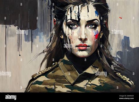 Portrait Of A Female Soldier In Military Uniform Abstract Oil Painting