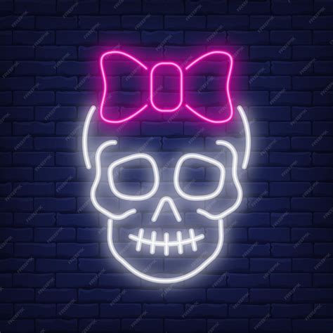 Premium Vector Neon Skull Girl With Pink Bow Blue Brick Wall Background