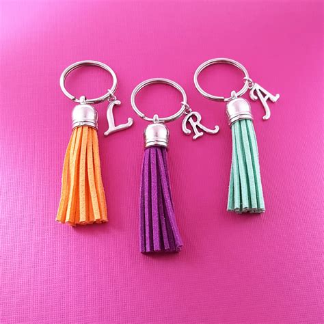 colored tassel initial keychains faux leather tassel etsy