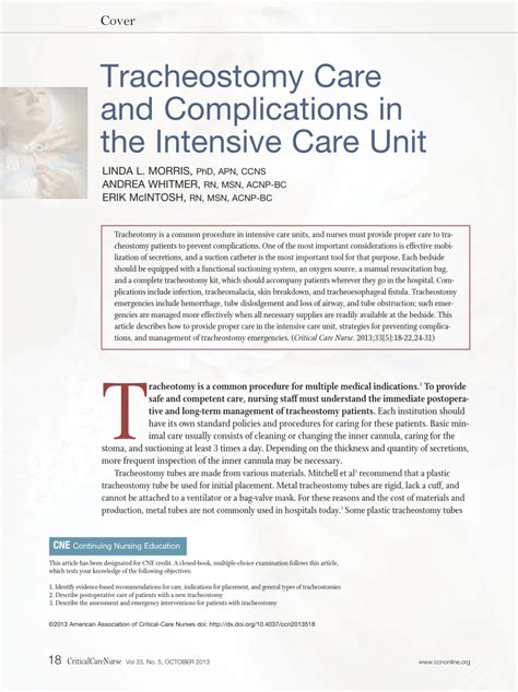 PDF Tracheostomy Care And Complications In The Intensive Care Unit