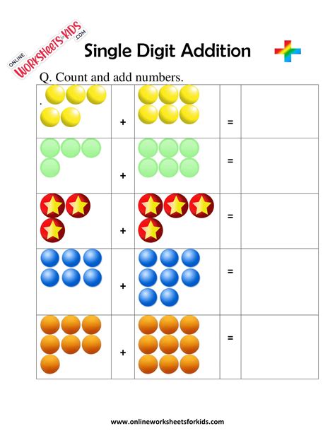 Single Digit Addition Worksheets For First Grade 5